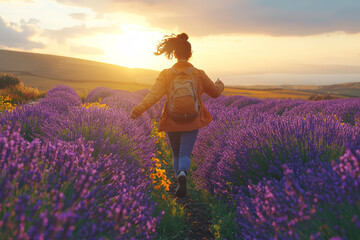 Wall Mural - A person running through a field of lavender, their smile wide as they enjoy the freedom of the moment. Concept of happiness and freedom.