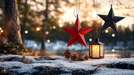 A festive winter display with hanging stars, a lantern, and pine cones captures the warmth of the season.