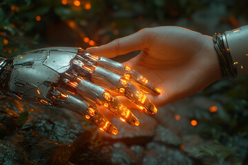 Aufkleber - a human hand reaching out to touch a robot's hand, with light passing between them, symbolizing a me