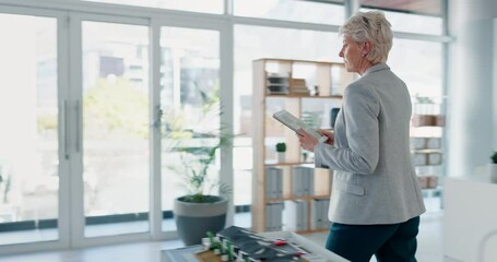 Poster - Talking architect, tablet and blueprint collaboration for property planning, real estate vision or building innovation. Mature black man, women and construction designers with architecture technology