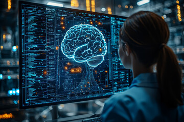 Aufkleber - A human figure standing in front of a computer screen displaying their own brain activity in real-time. Concept of biofeedback and technology.