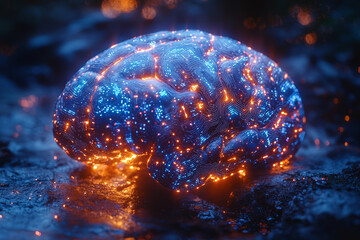 Fototapete - A human brain with digital circuits embedded, glowing as data streams flow through it. Concept of technology and intelligence.