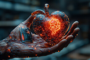 Poster - a figure holding a computer chip in one hand and a human heart in the other, symbolizing the balance