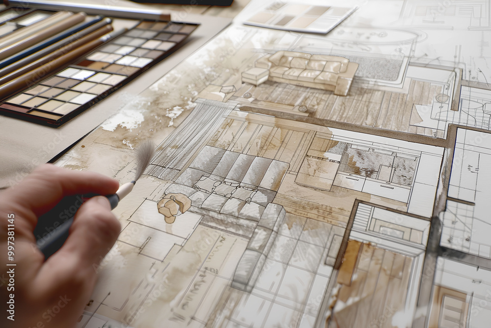 Architectural drawing of an interior design concept, a designer holding ...