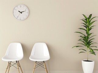 two white chairs stand against a beige wall, with a clock mounted above and a green plant in a white