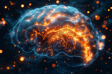 Aufkleber - A brain with glowing neural pathways connecting directly into a computer system, illustrating the merging of biological and artificial intelligence. Concept of cognitive enhancement.