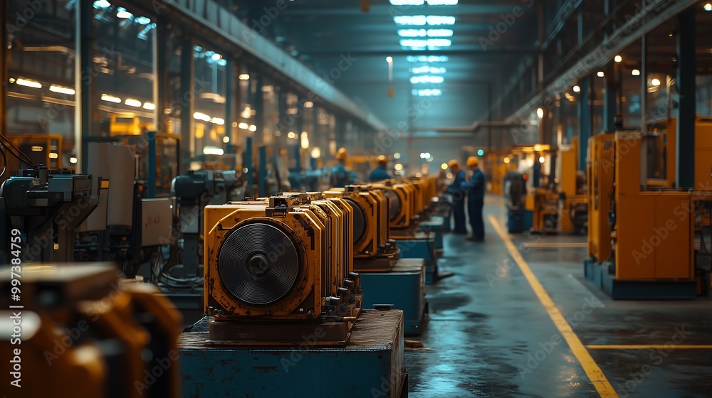 A spacious industrial facility features rows of machinery and engineers ...