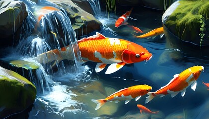 Tranquil farm stream with koi fish swimming amidst vibrant aquatic life and lush surroundings