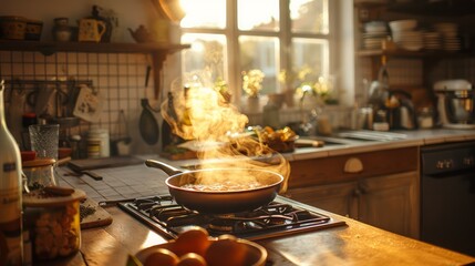 A frying pan on the stove with food cooking on it