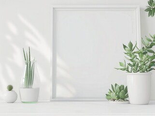 Wall Mural - Minimalist interior design with blank picture frame mockup, white wall, succulent plants. Stylish and modern home decor.