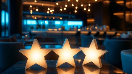 Poster - Three elegant star-shaped lamps emit a warm glow on a dark marble table, creating a cozy atmosphere at a modern bar