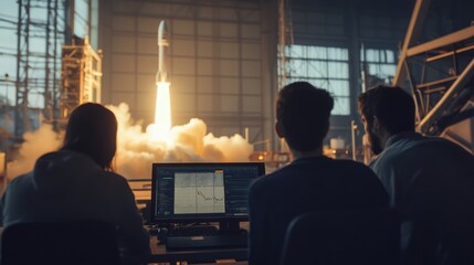 Poster - As the rocket lifts off into the sky, engineers observe its ascent from a control room filled with screens displaying vital data. The atmosphere is tense and exciting as the launch unfolds.