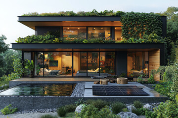 Wall Mural - A modern, energy-efficient home with solar panels and a green roof, exemplifying sustainable architecture and eco-friendly living. Concept of green building.