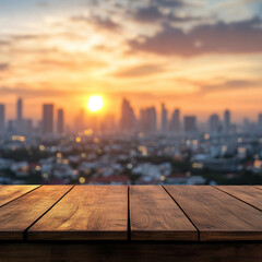 beautiful wooden table on balcony offers stunning view of blurred city skyline at sunset, creating serene and inviting atmosphere