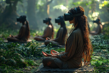 Poster - A group of users engaging in a virtual reality meditation session, relaxing and exploring serene digital landscapes for mindfulness. Concept of VR wellness.
