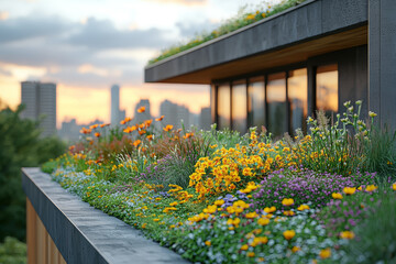 Poster - A green rooftop with native plants and grasses, improving urban air quality and reducing heat island effects. Concept of green infrastructure.