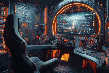Aufkleber - A futuristic VR gaming setup with motion controllers and a large screen displaying an interactive, immersive environment. Concept of advanced gaming technology.