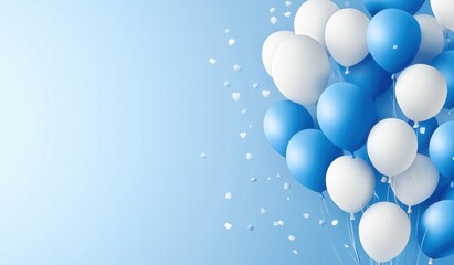 Balloons in blue and white floating against a soft light blue background creating a festive atmosphere for celebrations