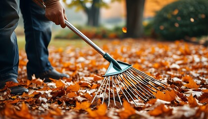 Autumn clean-up with stainless garden rake as leaves transform the garden into a colorful tapestry of orange and brown