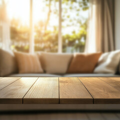 warm wooden table top is showcased in cozy living room setting, with sunlight streaming through windows, creating serene atmosphere