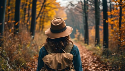 Autumn Trail Adventure: A Womans Journey Through a Vibrant Forest with Backpack and Hat