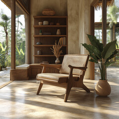 stylish retro living room features wooden chair with woven seat, surrounded by greenery and natural light. warm tones and textures create cozy atmosphere