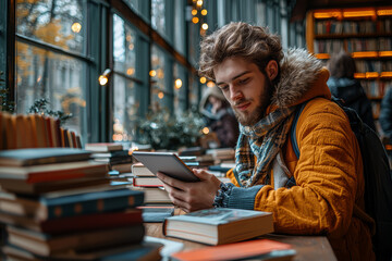 Poster - A student attending an online class, sitting at a desk with textbooks and a tablet. Concept of remote learning and education.