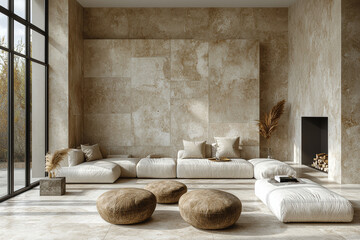 Sticker - A sleek, uncluttered living room with neutral tones and simple furniture. Concept of minimalist interior design.