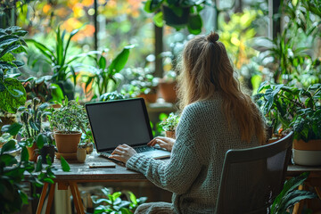 Poster - a person working on a laptop at a home office desk surrounded by houseplants. concept of remote work