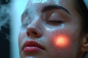 Poster - a person using a facial steam device to open pores and promote healthy skin. concept of skincare and