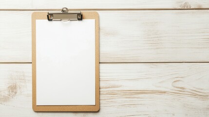 Poster - A wooden clipboard rests on a white wooden table, featuring a blank sheet of paper that invites ideas and creativity. The clean design emphasizes simplicity