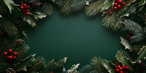 Dark Green christmas background with mistletoes frame