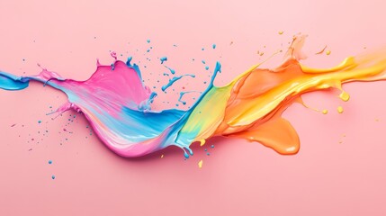 Poster - A vibrant splash of multicolored paint spreads dynamically on a soft pastel pink background, showcasing an energetic and artistic visual effect perfect for creative projects