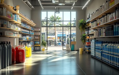 Canon ultrarealistic image of a store being treated for odors by a cleaning company, with focus on detailed treatment application and cleaning actions