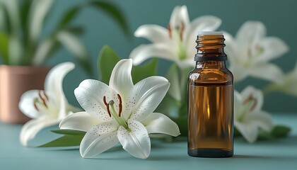 Small bottles of essential oil with white lilies artfully arranged on a soft teal background, bright natural lighting