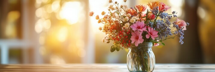 Poster - A beautifully arranged bouquet featuring colorful mixed flowers sits in a glass vase on a light wooden table, illuminated by sunlight. Generative AI