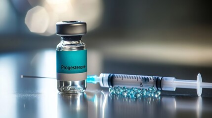 Poster - A clear glass vial with a blue label reading 'Progesterone' sits next to a clear plastic syringe and a string of blue beads on a shiny surface.