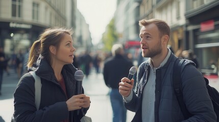 Wall Mural - A journalist interviews an expert in a lively city setting, surrounded by bustling pedestrians and urban activity. Generative AI