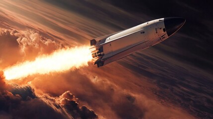 Poster - A sleek rocket ascends into the twilight sky, surrounded by vibrant clouds that capture the glow of its powerful engine flames. The scene illustrates the thrilling moment of space exploration.