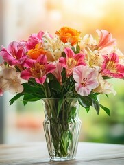 Poster - A vibrant bouquet featuring a variety of flowers, elegantly arranged in a clear glass vase on a table with a warm wood finish. Generative AI