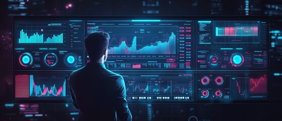 Poster - Businessman with business analytics and data management system on virtual screen Business data analytics and process automation management with icon of KPI financial charts and gra