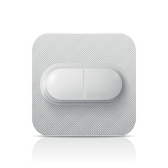 Wall Mural - Vector Realistic White Pharmaceutical Medical Pill, Vitamins, Capsule in Blister Closeup Isolated. Pill in Blister Packaging Design Template. Front View. Medicine, Health Concept