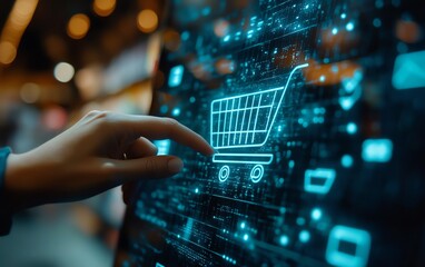 Poster - Business ecommerce concept, Person touching online shopping cart icon on virtual screen online purchase, ecommerce store, online business, shopping on the internet