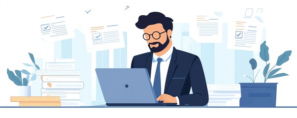 Poster - Businessman use laptop to paperless online approval, business process workflow illustrating management approval and project approve concept