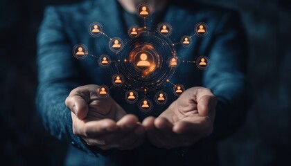 Leinwandbilder - Customer relationship management concept Target audience, marketing plan and strategies Businessman holding target icon linked with human icons for customer focus group