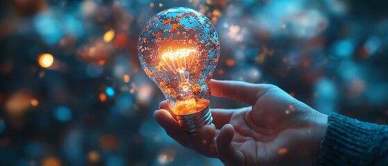 Poster - Problem solving strategy technique and solution concept, Person holding light bulb with jigsaw icon on virtual screen