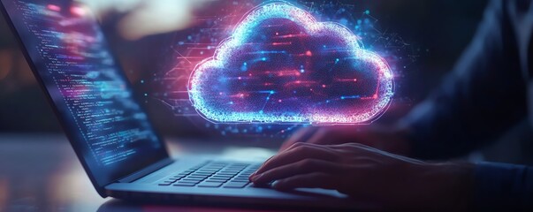 Poster - Secure access to data on cloud Person use laptop with cloud computing technology that provides online network services, applications, server systems, Storage, networking
