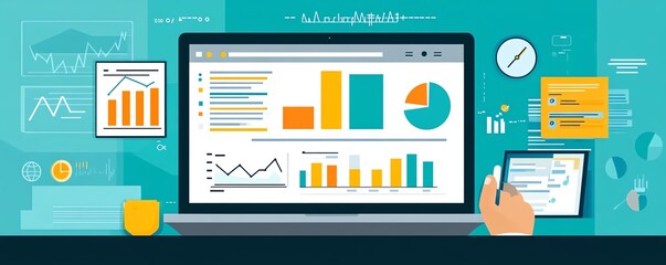 Poster - Analytics business concept Analyst use laptop analyzing sales data and financial growth graph chart report database