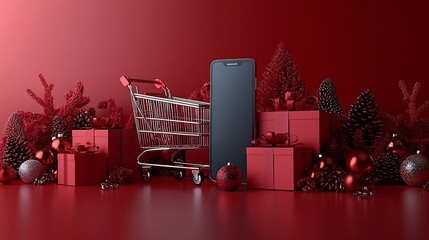 Poster - 3D render of a red and white shopping cart, gift boxes : Generative AI