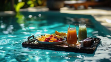 A floating tray with fresh fruit and drinks in a serene pool setting.